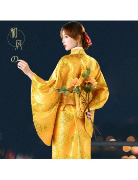 Chrysanthemum Print Japanese Silk Brocade Robe Ladies Floral Print Exotic Costume Women Kimono Japan