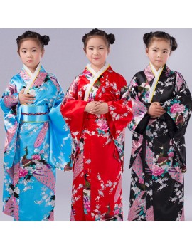 Girls Peacock Flower Print Japan Style Robe Silk Bathrobe Yukata Kids Traditional Japanese Kimono