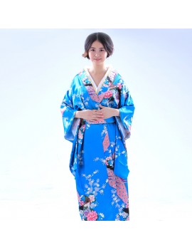 Peacock Flower Print Japan Style Robe Silk Bathrobe Yukata Women Traditional Japanese Kimono Ladies