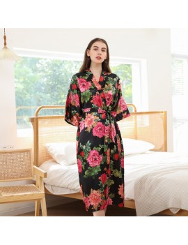 Spring Ladies Satin Long Nightgown Floral Print Yukata Pajamas Silk Kimonos Robe
