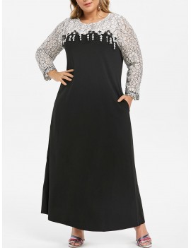 Plus Size Long Sleeve Contrast Lace Maxi Dress - 4x