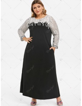 Plus Size Long Sleeve Contrast Lace Maxi Dress - 4x