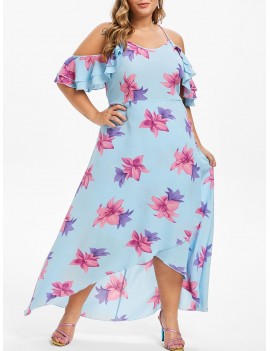Plus Size Floral Ruffle Maxi Asymmetric Dress - 5x