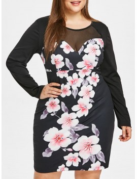 Mesh Panel Plus Size Floral Print Bodycon Dress - 2x