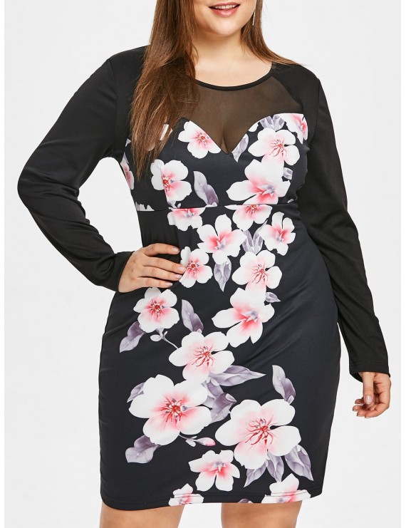 Mesh Panel Plus Size Floral Print Bodycon Dress - 2x