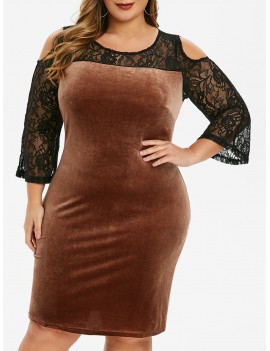 Plus Size Lace Insert Velvet Cold Shoulder Dress - 4x