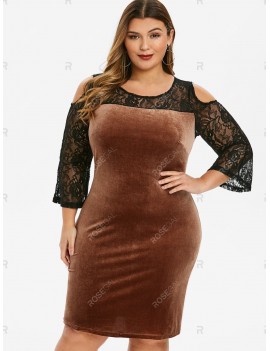 Plus Size Lace Insert Velvet Cold Shoulder Dress - 4x