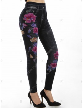 Floral Print High Waisted Slim Jeggings - One Size