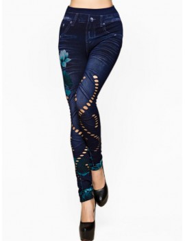 Floral Print Hollow Out High Waisted Jeggings - One Size