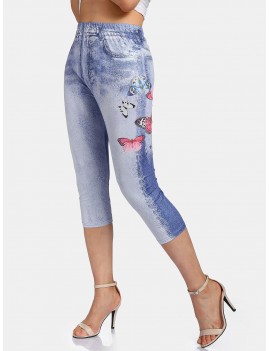 Cloud Wash Butterfly Print Cropped Leggings - M