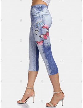 Cloud Wash Butterfly Print Cropped Leggings - M