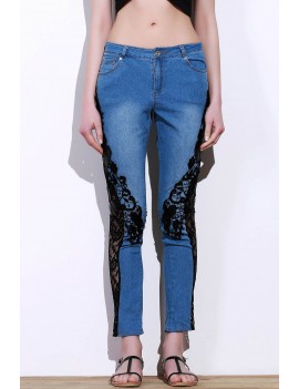 Stylish Mid-Waisted Lace Embellished See-Through Women's Jeans - M
