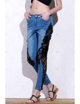 Stylish Mid-Waisted Lace Embellished See-Through Women's Jeans - M