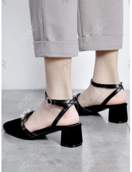 Beaded Square Toe Chunky Heel Sandals - Eu 36