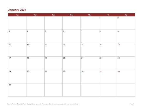 Preview of the first page of 2027 monthly calendars (PDF)