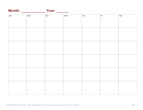 Preview of the first page of Undated monthly calendar
