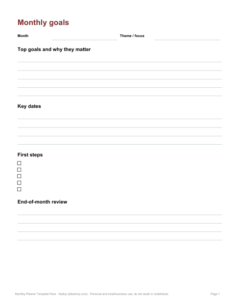 Preview of the first page of Monthly goals (PDF/DOCX)