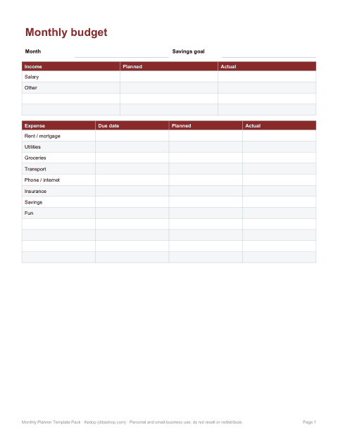 Preview of the first page of Monthly budget (PDF/DOCX)